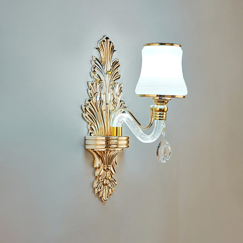 Gold Flared Wall Mount Lighting Traditional White Glass Living Room Sconce with Illuminated Arm 1.0 Gold Clearhalo 'Wall Lamps & Sconces' 'Wall Lights' Lighting' 2282525