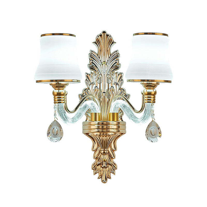 Gold Flared Wall Mount Lighting Traditional White Glass Living Room Sconce with Illuminated Arm Clearhalo 'Wall Lamps & Sconces' 'Wall Lights' Lighting' 2282527