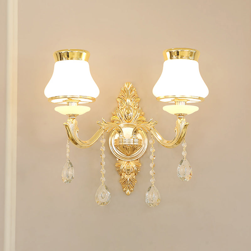 Gold Carved Arm Wall Sconce Light Traditional Metal Bedroom Wall Light with White Lampshade 2.0 White A Clearhalo 'Wall Lamps & Sconces' 'Wall Lights' Lighting' 2282542