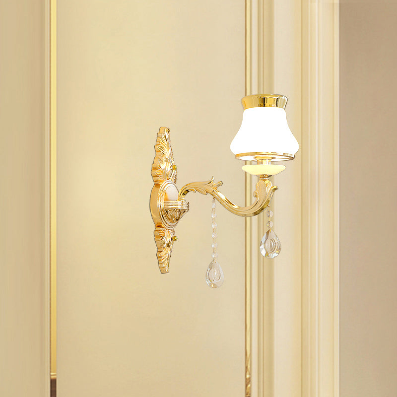 Gold Carved Arm Wall Sconce Light Traditional Metal Bedroom Wall Light with White Lampshade 1.0 White A Clearhalo 'Wall Lamps & Sconces' 'Wall Lights' Lighting' 2282543