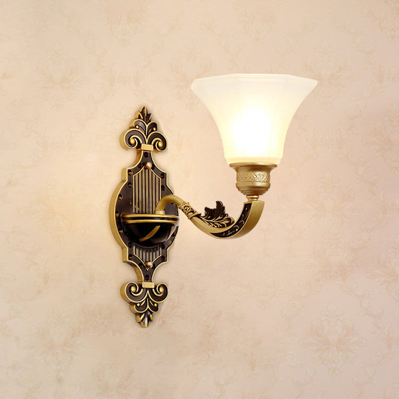 Gold Carved Arm Wall Sconce Light Traditional Metal Bedroom Wall Light with White Lampshade 1.0 White J Clearhalo 'Wall Lamps & Sconces' 'Wall Lights' Lighting' 2282544