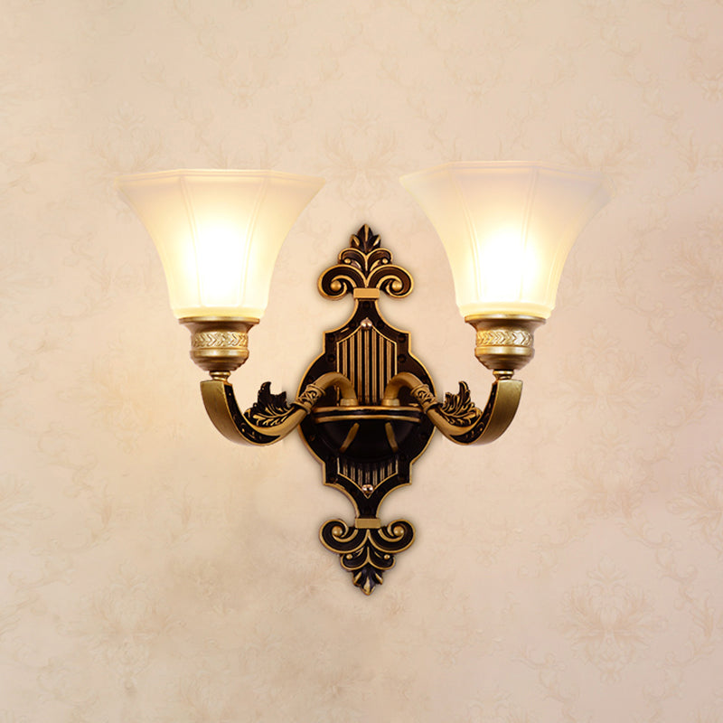 Gold Carved Arm Wall Sconce Light Traditional Metal Bedroom Wall Light with White Lampshade 2.0 White J Clearhalo 'Wall Lamps & Sconces' 'Wall Lights' Lighting' 2282547