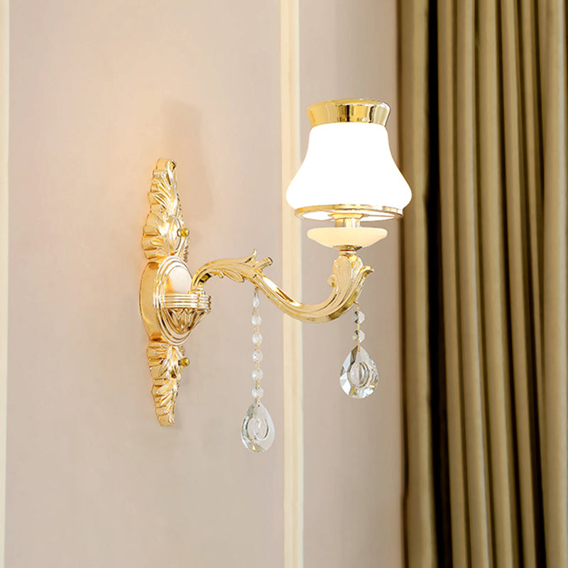 Gold Carved Arm Wall Sconce Light Traditional Metal Bedroom Wall Light with White Lampshade Clearhalo 'Wall Lamps & Sconces' 'Wall Lights' Lighting' 2282548