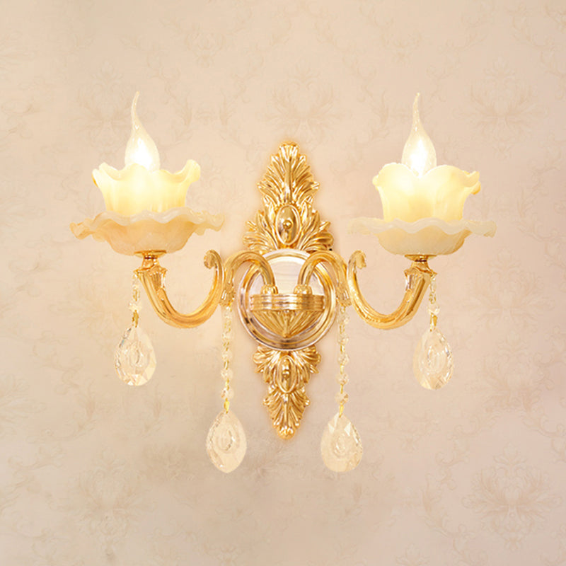 Gold Carved Arm Wall Sconce Light Traditional Metal Bedroom Wall Light with White Lampshade 2.0 White H Clearhalo 'Wall Lamps & Sconces' 'Wall Lights' Lighting' 2282550