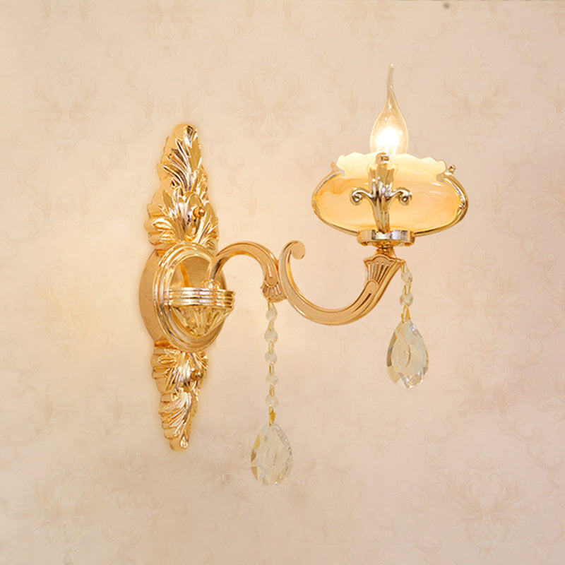 Gold Carved Arm Wall Sconce Light Traditional Metal Bedroom Wall Light with White Lampshade 1.0 White G Clearhalo 'Wall Lamps & Sconces' 'Wall Lights' Lighting' 2282552