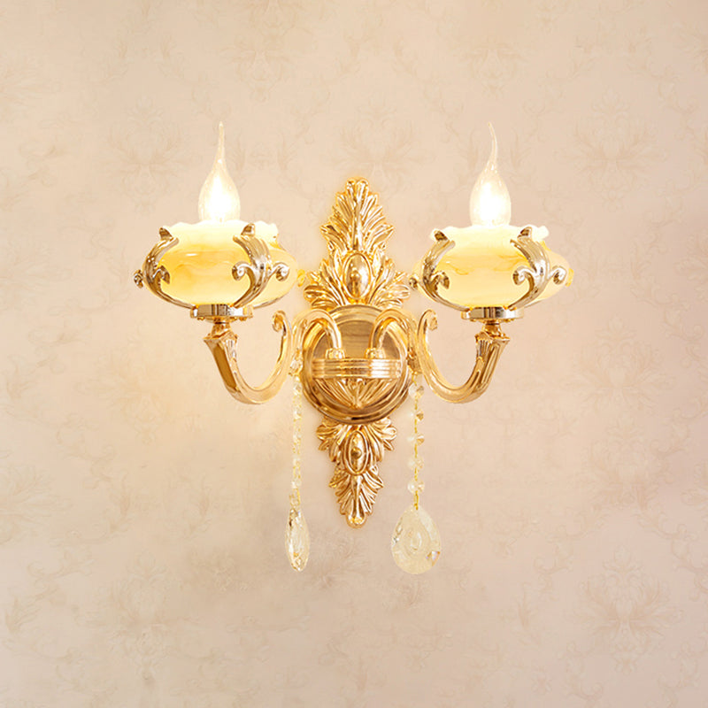 Gold Carved Arm Wall Sconce Light Traditional Metal Bedroom Wall Light with White Lampshade 2.0 White G Clearhalo 'Wall Lamps & Sconces' 'Wall Lights' Lighting' 2282553