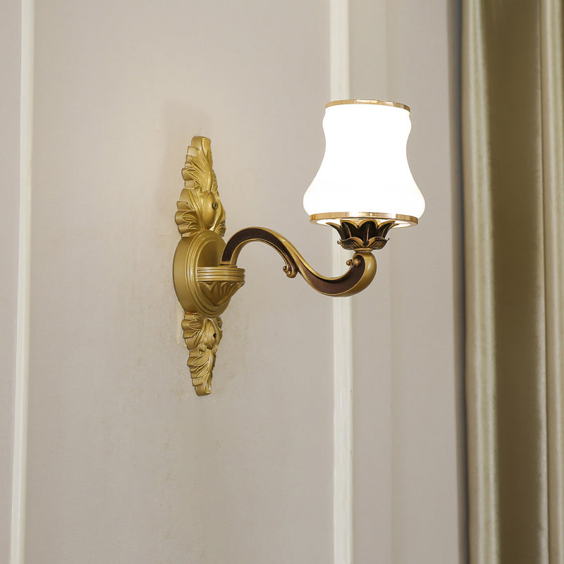 Gold Carved Arm Wall Sconce Light Traditional Metal Bedroom Wall Light with White Lampshade 1.0 White C Clearhalo 'Wall Lamps & Sconces' 'Wall Lights' Lighting' 2282554