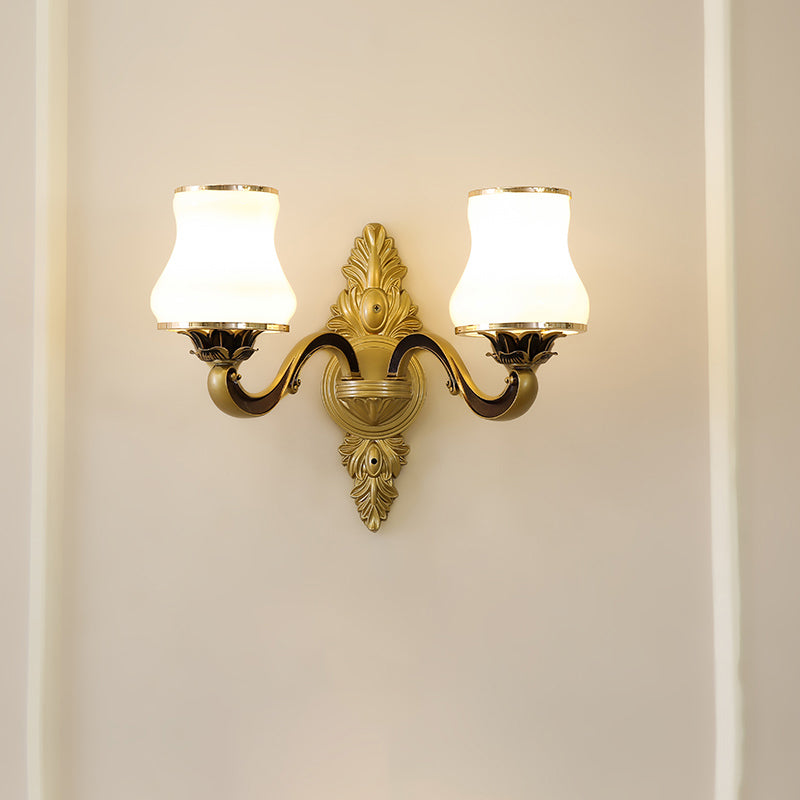 Gold Carved Arm Wall Sconce Light Traditional Metal Bedroom Wall Light with White Lampshade 2.0 White C Clearhalo 'Wall Lamps & Sconces' 'Wall Lights' Lighting' 2282555