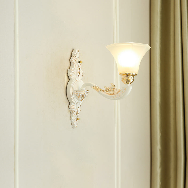 Gold Carved Arm Wall Sconce Light Traditional Metal Bedroom Wall Light with White Lampshade 1.0 White E Clearhalo 'Wall Lamps & Sconces' 'Wall Lights' Lighting' 2282556