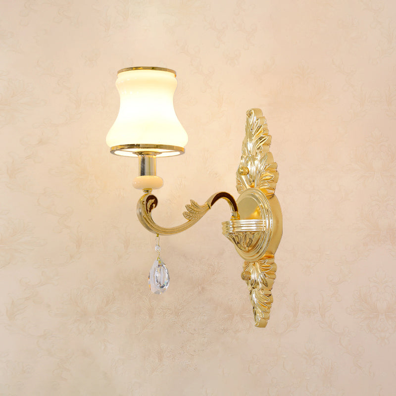 Gold Carved Arm Wall Sconce Light Traditional Metal Bedroom Wall Light with White Lampshade 1.0 White B Clearhalo 'Wall Lamps & Sconces' 'Wall Lights' Lighting' 2282558