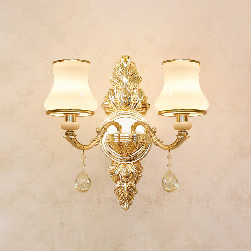 Gold Carved Arm Wall Sconce Light Traditional Metal Bedroom Wall Light with White Lampshade 2.0 White F Clearhalo 'Wall Lamps & Sconces' 'Wall Lights' Lighting' 2282559