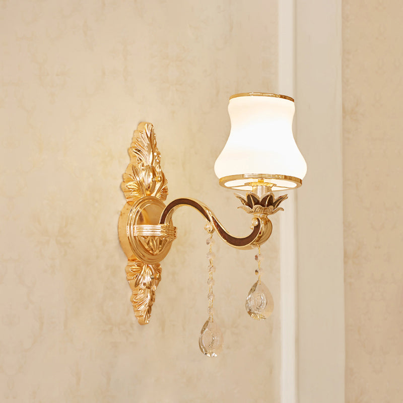 Gold Carved Arm Wall Sconce Light Traditional Metal Bedroom Wall Light with White Lampshade 1.0 White D Clearhalo 'Wall Lamps & Sconces' 'Wall Lights' Lighting' 2282560