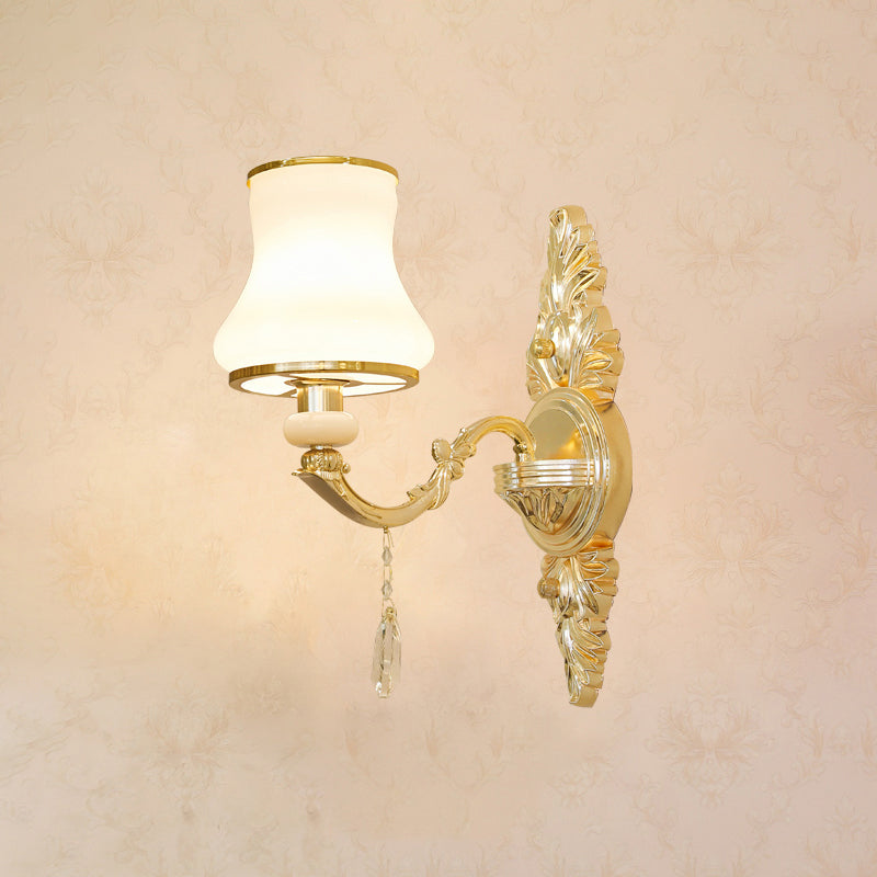 Gold Carved Arm Wall Sconce Light Traditional Metal Bedroom Wall Light with White Lampshade 1.0 White F Clearhalo 'Wall Lamps & Sconces' 'Wall Lights' Lighting' 2282562