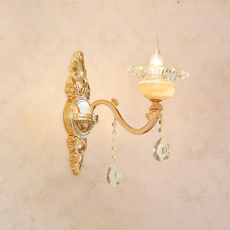 Gold Carved Arm Wall Sconce Light Traditional Metal Bedroom Wall Light with White Lampshade 1.0 White I Clearhalo 'Wall Lamps & Sconces' 'Wall Lights' Lighting' 2282564