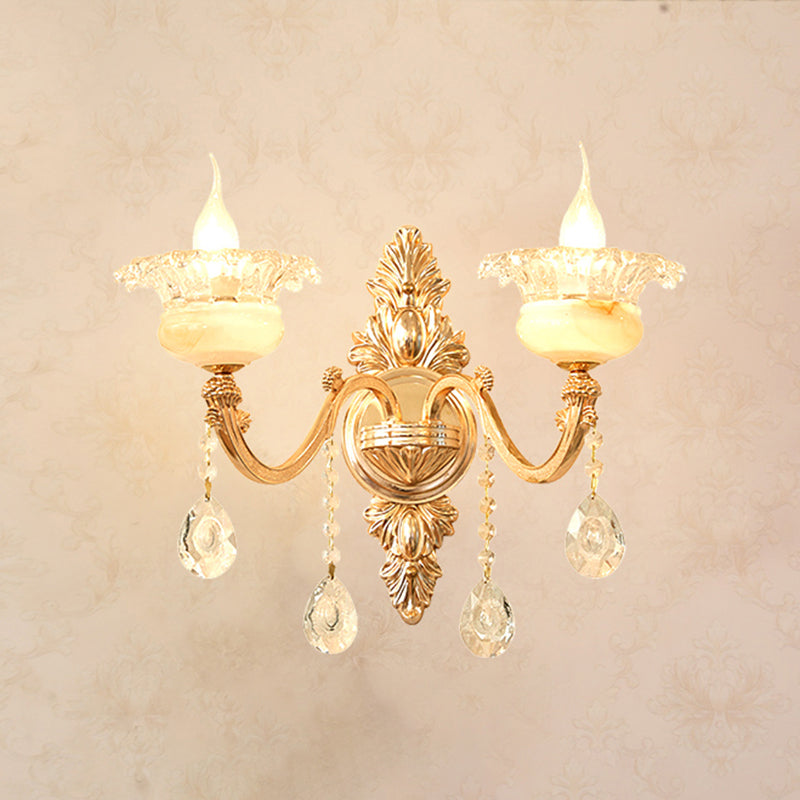 Gold Carved Arm Wall Sconce Light Traditional Metal Bedroom Wall Light with White Lampshade 2.0 White I Clearhalo 'Wall Lamps & Sconces' 'Wall Lights' Lighting' 2282565