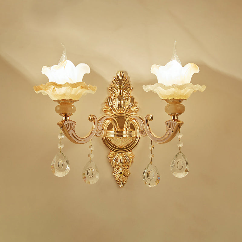 Frosted Glass Lotus Shaped Wall Mount Light Vintage Living Room Sconce Lighting in Gold 2.0 Gold Clearhalo 'Wall Lamps & Sconces' 'Wall Lights' Lighting' 2282567