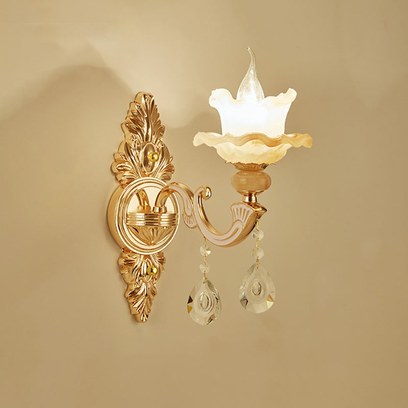 Frosted Glass Lotus Shaped Wall Mount Light Vintage Living Room Sconce Lighting in Gold 1.0 Gold Clearhalo 'Wall Lamps & Sconces' 'Wall Lights' Lighting' 2282568