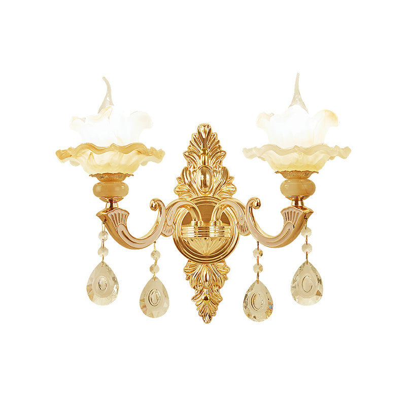 Frosted Glass Lotus Shaped Wall Mount Light Vintage Living Room Sconce Lighting in Gold Clearhalo 'Wall Lamps & Sconces' 'Wall Lights' Lighting' 2282570