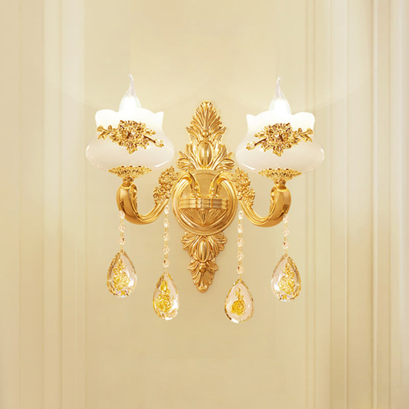 Candle Living Room Wall Sconce Antiqued Imitation Jade Gold Finish Wall Lamp with Crystal Drop 2.0 Gold Clearhalo 'Wall Lamps & Sconces' 'Wall Lights' Lighting' 2282576