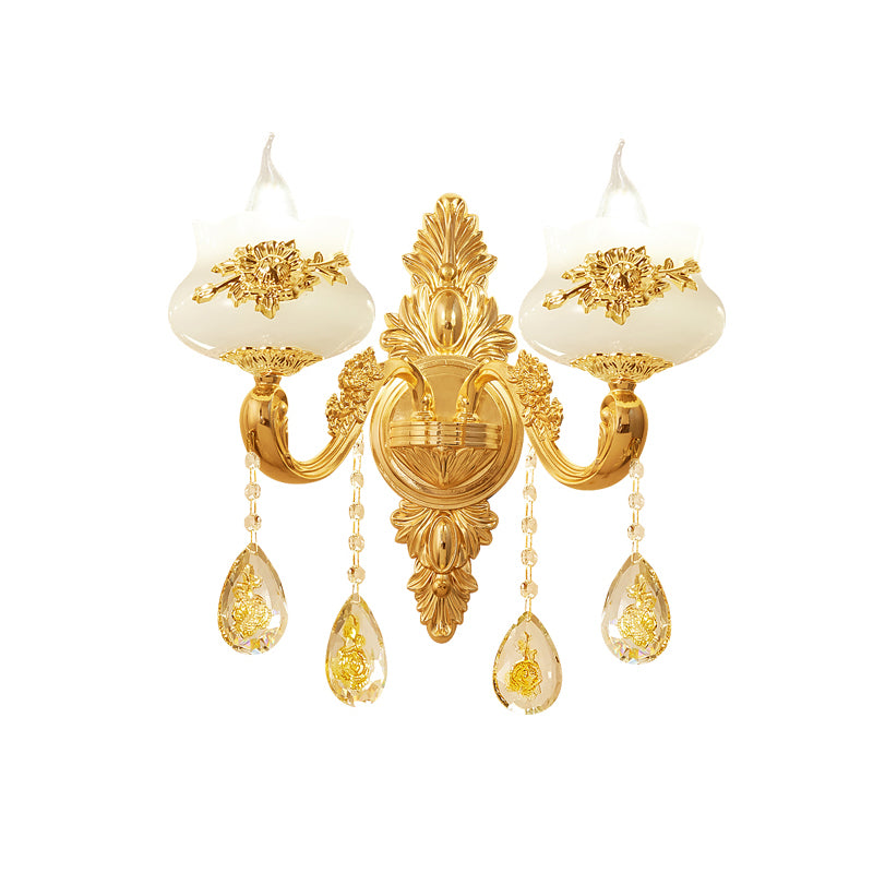 Candle Living Room Wall Sconce Antiqued Imitation Jade Gold Finish Wall Lamp with Crystal Drop Clearhalo 'Wall Lamps & Sconces' 'Wall Lights' Lighting' 2282577