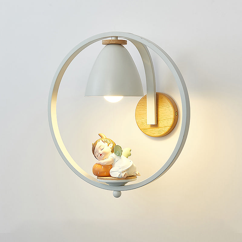 Metal Bell Wall Lamp Nordic 1 Head White Sconce Lighting with Ring and Figurine Deco White Boy Clearhalo 'Wall Lamps & Sconces' 'Wall Lights' Lighting' 2282661