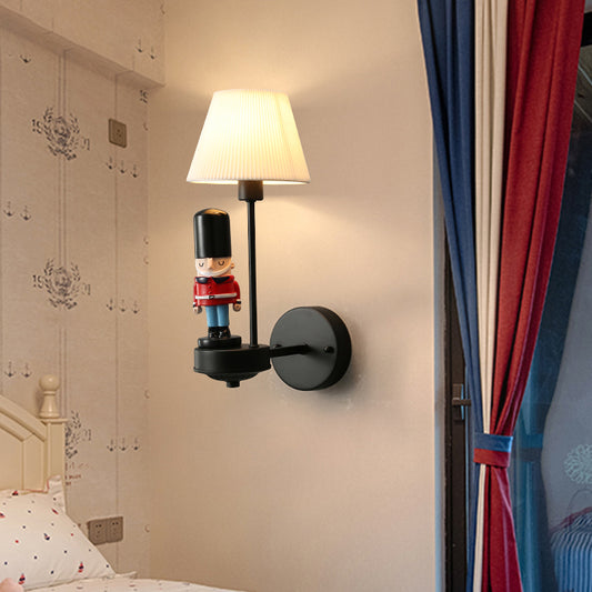 Pleated Fabric Tapered Wall Light Cartoon 1-Light Wall Sconce Lamp with Soldier Decoration in Black Clearhalo 'Wall Lamps & Sconces' 'Wall Lights' Lighting' 2282671