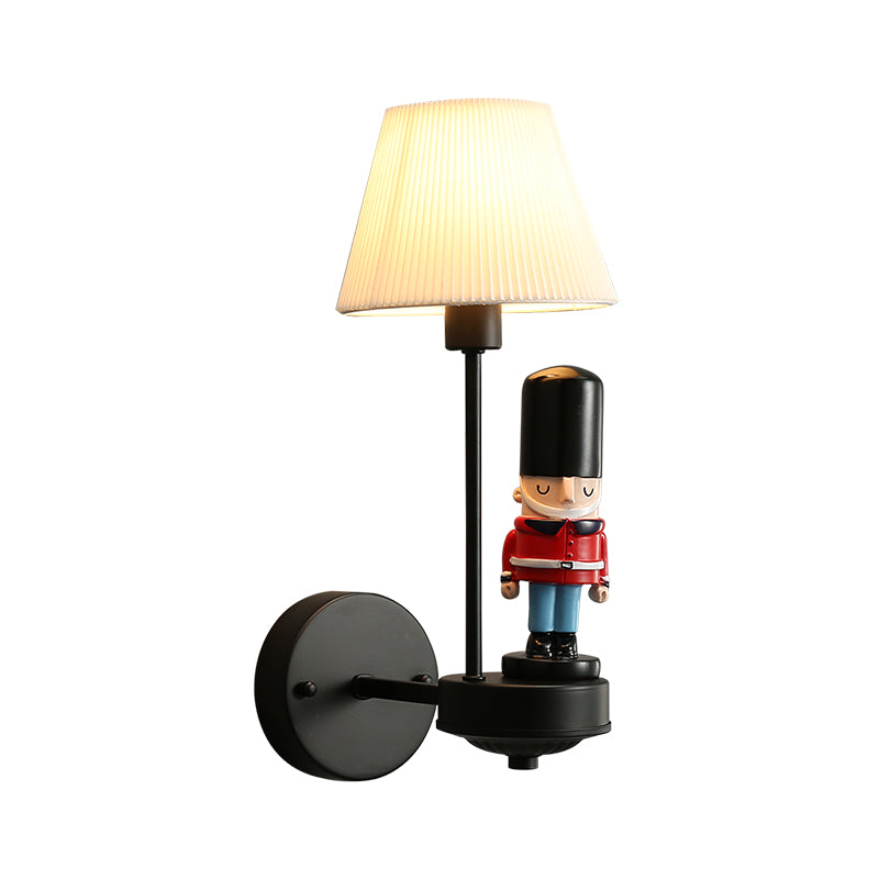 Pleated Fabric Tapered Wall Light Cartoon 1-Light Wall Sconce Lamp with Soldier Decoration in Black Black Clearhalo 'Wall Lamps & Sconces' 'Wall Lights' Lighting' 2282672