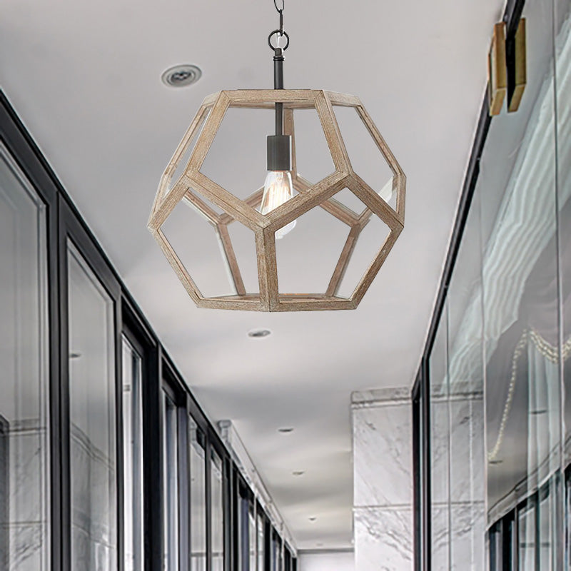 Polygon Beige Wood Pendant Light Fixture Farmhouse 1 Light Corridor Hanging Ceiling Light Beige Clearhalo 'Ceiling Lights' 'Pendant Lights' 'Pendants' Lighting' 228269_cdb89229-b06a-427d-9f87-639801554a14