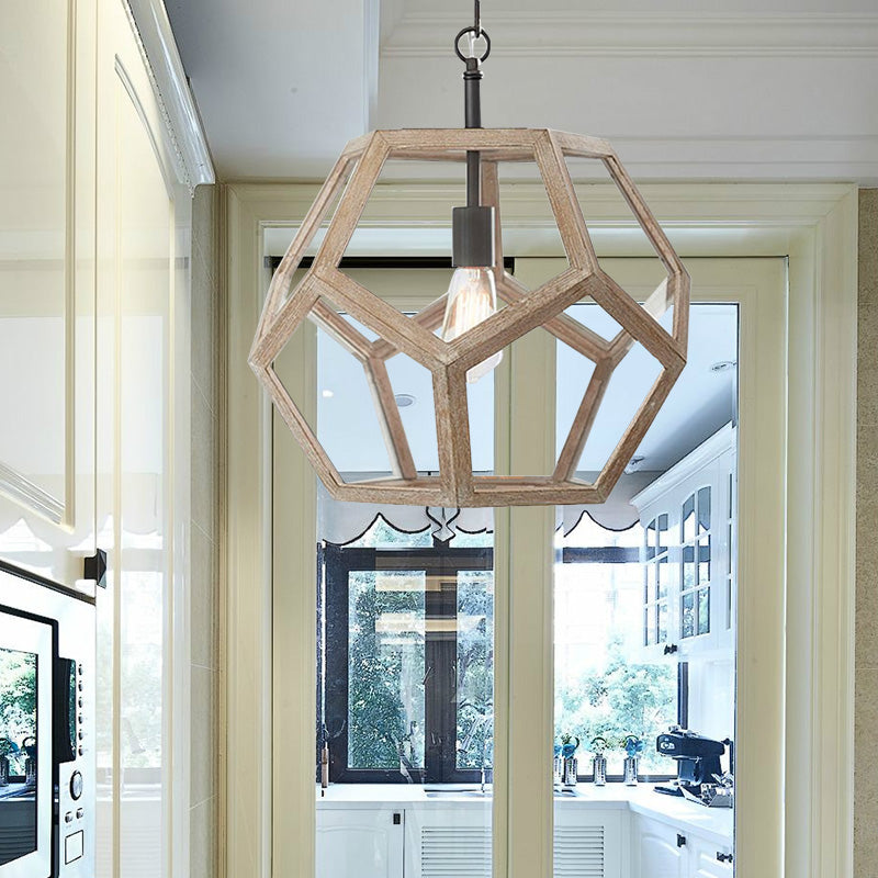 Polygon Beige Wood Pendant Light Fixture Farmhouse 1 Light Corridor Hanging Ceiling Light Clearhalo 'Ceiling Lights' 'Pendant Lights' 'Pendants' Lighting' 228270