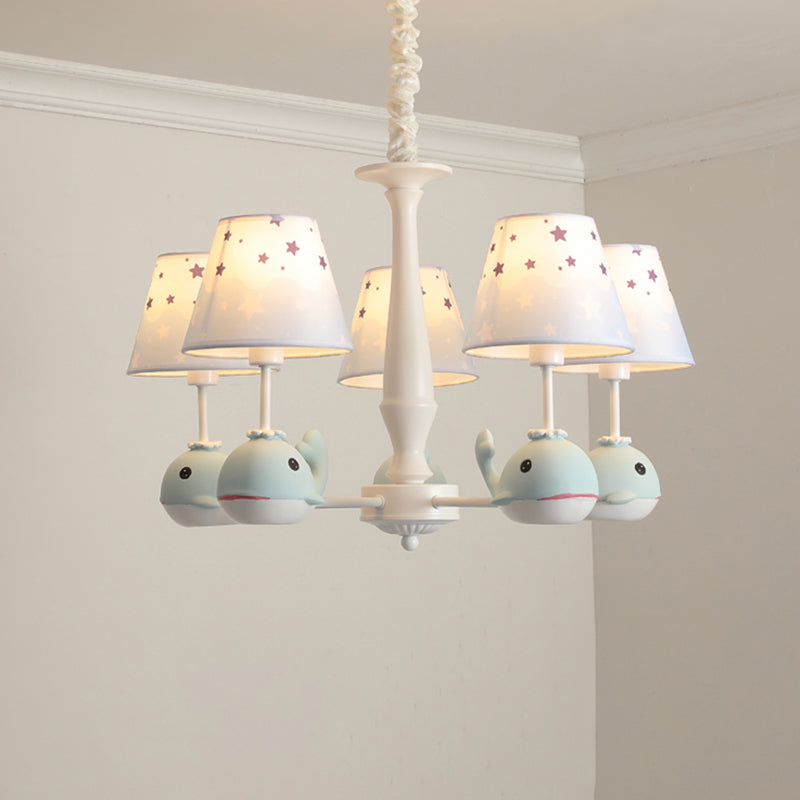 Star Print Fabric Tapered Chandelier Kids White Finish Hanging Lamp with Whale Decor Clearhalo 'Ceiling Lights' 'Chandeliers' Lighting' options 2282727