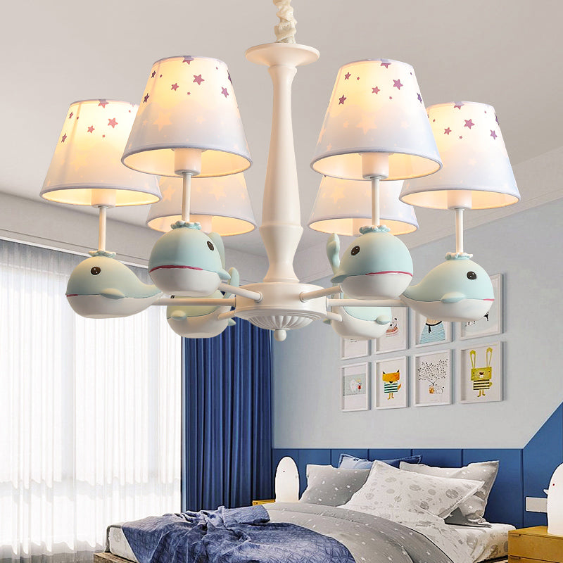 Star Print Fabric Tapered Chandelier Kids White Finish Hanging Lamp with Whale Decor Clearhalo 'Ceiling Lights' 'Chandeliers' Lighting' options 2282728