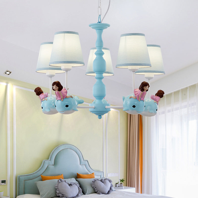 Empire Shade Girls Bedroom Chandelier Fabric Kids Style Hanging Light with Whale Decor Clearhalo 'Ceiling Lights' 'Chandeliers' Lighting' options 2282733