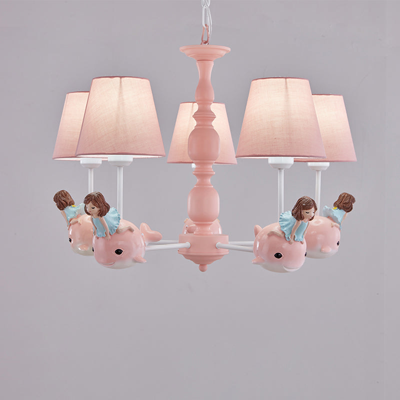 Empire Shade Girls Bedroom Chandelier Fabric Kids Style Hanging Light with Whale Decor 5 Pink Clearhalo 'Ceiling Lights' 'Chandeliers' Lighting' options 2282736_dc4ebf10-0fe7-4f2f-8361-99ce1ec4f00e