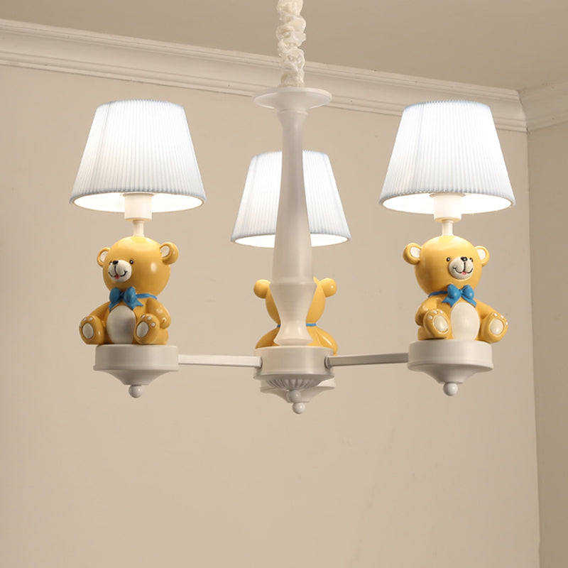 Yellow Bear Toy Chandelier Cartoon Resin Suspension Light with Tapered Gathered Fabric Shade 3 Yellow Clearhalo 'Ceiling Lights' 'Chandeliers' Lighting' options 2282743_39398dbd-a0d7-4b97-a4df-f009e32326d3