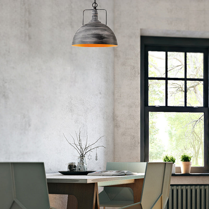 Aged Silver Domed Pendant Lamp Industrial Metal 1 Light Dining Table Hanging Light, 12"/16" Width Clearhalo 'Art Deco Pendants' 'Cast Iron' 'Ceiling Lights' 'Ceramic' 'Crystal' 'Industrial Pendants' 'Industrial' 'Metal' 'Middle Century Pendants' 'Pendant Lights' 'Pendants' 'Tiffany' Lighting' 22828