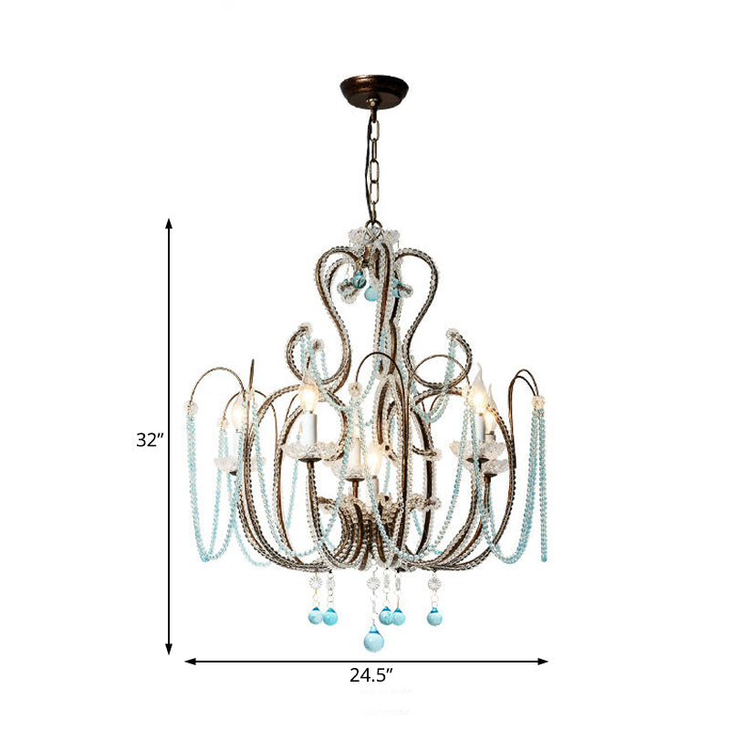 6 Lights Curve Arm Chandelier Light Vintage Rust Metal Hanging Light Kit with Crystal Strand Clearhalo 'Ceiling Lights' 'Chandeliers' Lighting' options 228286