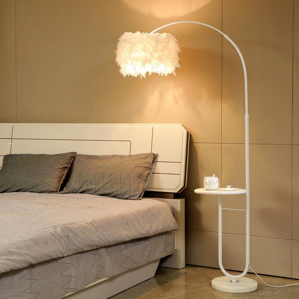 Feather Drum Stand Up Lamp Nordic 1 Bulb Floor Light with Fishing Rod Arm  for Bedroom - Clearhalo