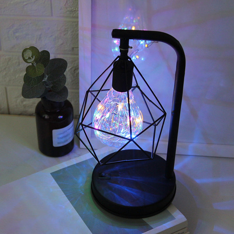 Kids Bedroom LED Night Light Art Deco Black Battery Table Lamp with Diamond Iron Wire Cage Black Battery Multi Color Clearhalo 'Night Lights' 'Wall Lights' Lighting' 2282942