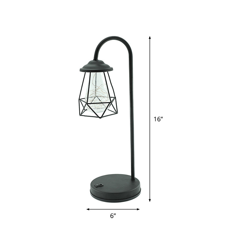 Black Gooseneck Battery Table Lighting Retro Metal LED Night Lamp with Wire Cage Clearhalo 'Night Lights' 'Wall Lights' Lighting' 2282949