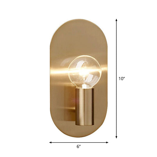 Exposed Bulb Design Sconce Light Postmodern Metal 1-Light Gold Finish Wall Light with Oval Backplate Gold Clearhalo 'Cast Iron' 'Glass' 'Industrial' 'Modern wall lights' 'Modern' 'Tiffany' 'Traditional wall lights' 'Wall Lamps & Sconces' 'Wall Lights' Lighting' 2282973