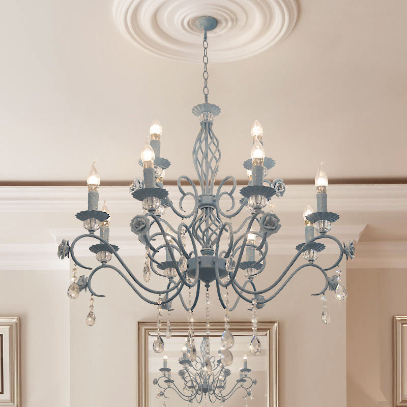 Blue Candelabra Hanging Ceiling Light Traditional Metal 12 Lights Living Room Chandelier Light with Crystal Drop Clearhalo 'Ceiling Lights' 'Chandeliers' Lighting' options 228298