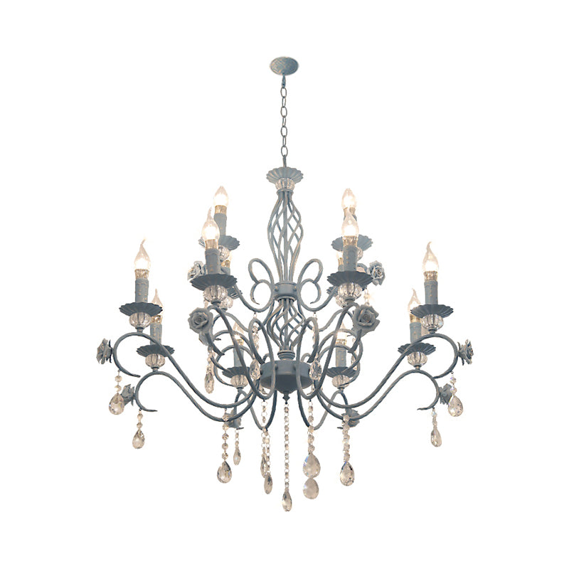 Blue Candelabra Hanging Ceiling Light Traditional Metal 12 Lights Living Room Chandelier Light with Crystal Drop Clearhalo 'Ceiling Lights' 'Chandeliers' Lighting' options 228299