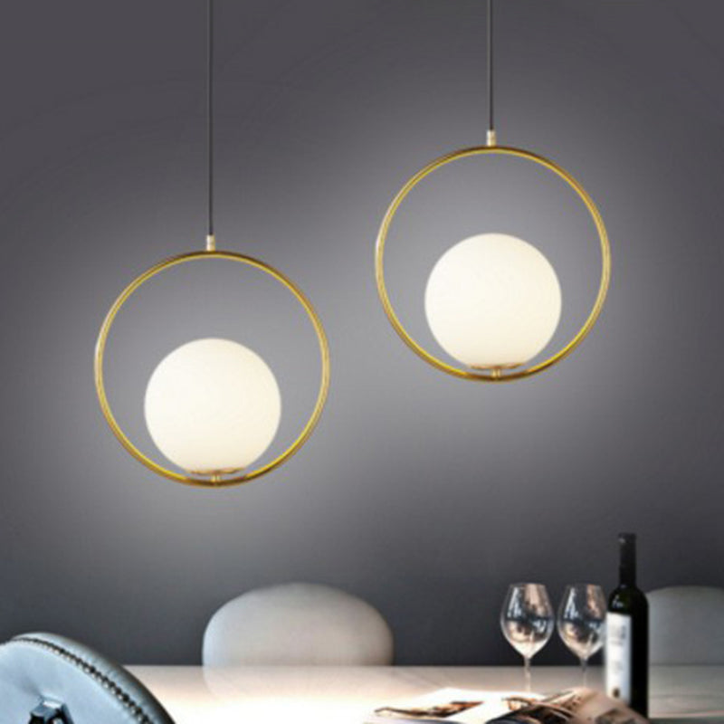 White Glass Spherical Hanging Lamp Post-Modern 1 Head Pendant Light with Metal Ring in Brass Clearhalo 'Ceiling Lights' 'Modern Pendants' 'Modern' 'Pendant Lights' 'Pendants' Lighting' 2283000