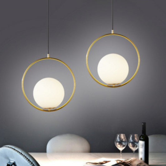 White Glass Spherical Hanging Lamp Post-Modern 1 Head Pendant Light with Metal Ring in Brass Clearhalo 'Ceiling Lights' 'Modern Pendants' 'Modern' 'Pendant Lights' 'Pendants' Lighting' 2283000