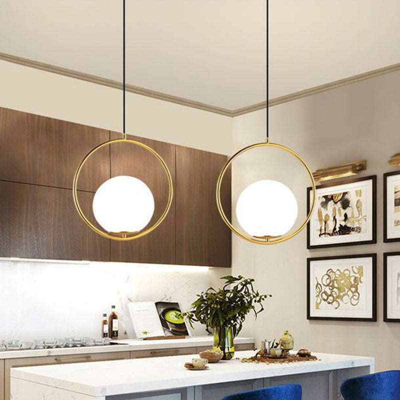 White Glass Spherical Hanging Lamp Post-Modern 1 Head Pendant Light with Metal Ring in Brass Clearhalo 'Ceiling Lights' 'Modern Pendants' 'Modern' 'Pendant Lights' 'Pendants' Lighting' 2283002