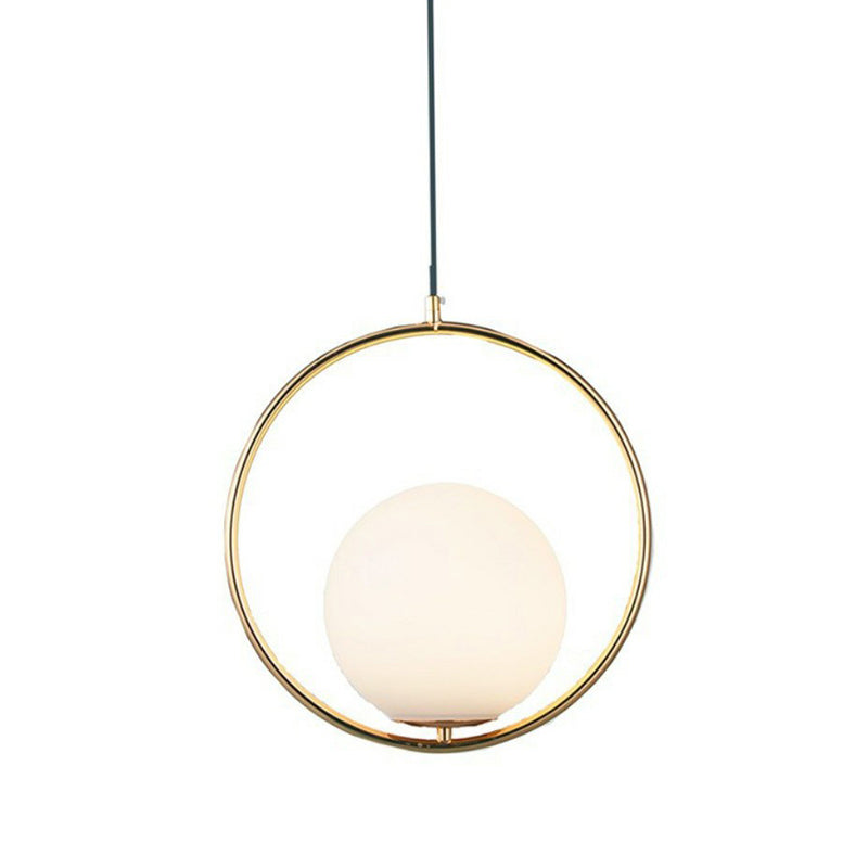 White Glass Spherical Hanging Lamp Post-Modern 1 Head Pendant Light with Metal Ring in Brass Clearhalo 'Ceiling Lights' 'Modern Pendants' 'Modern' 'Pendant Lights' 'Pendants' Lighting' 2283004