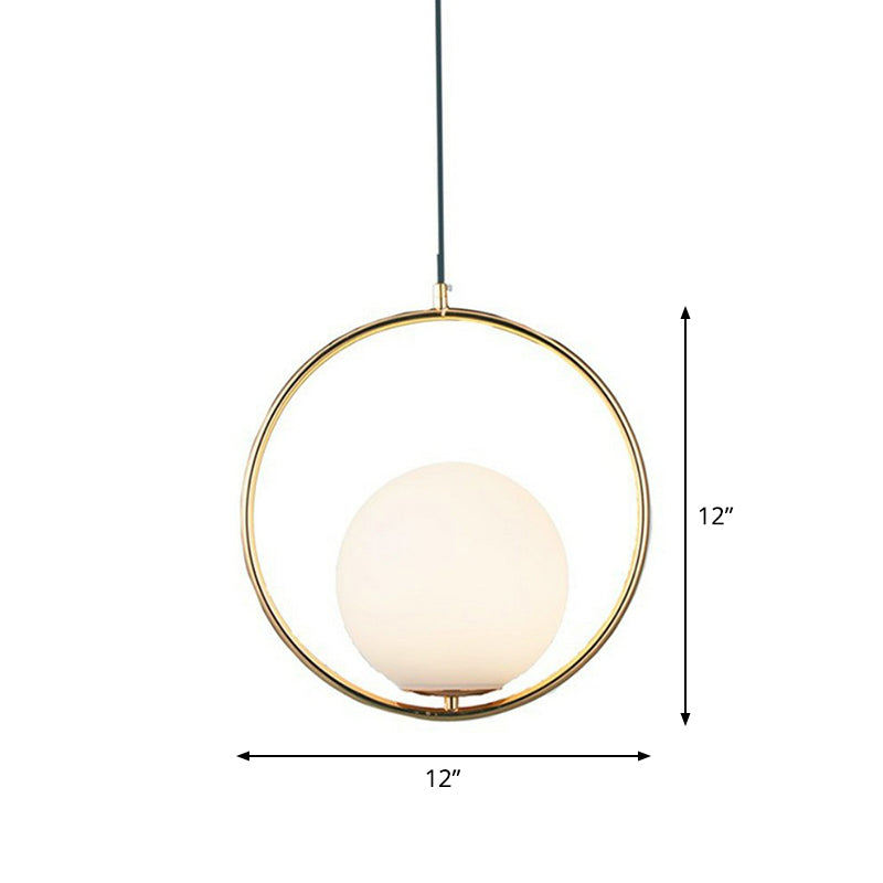 White Glass Spherical Hanging Lamp Post-Modern 1 Head Pendant Light with Metal Ring in Brass White 12" Clearhalo 'Ceiling Lights' 'Modern Pendants' 'Modern' 'Pendant Lights' 'Pendants' Lighting' 2283005