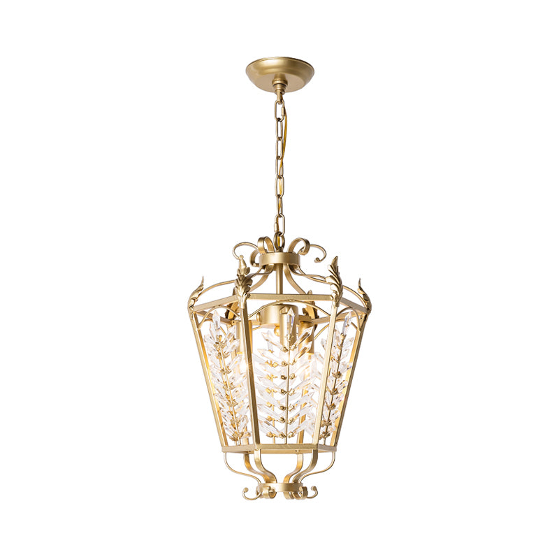 Gold Lantern Chandelier Light Traditional Metal 3 Lights Dining Room Hanging Ceiling Light with Crystal Accent Clearhalo 'Ceiling Lights' 'Chandeliers' Lighting' options 228304