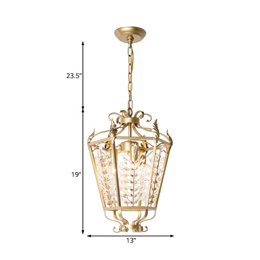 Gold Lantern Chandelier Light Traditional Metal 3 Lights Dining Room Hanging Ceiling Light with Crystal Accent Clearhalo 'Ceiling Lights' 'Chandeliers' Lighting' options 228305