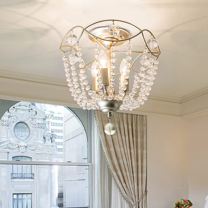 Silver 3 Lights Hanging Light Fixture Traditional Crystal Strand Dome Chandelier Light Clearhalo 'Ceiling Lights' 'Chandeliers' Lighting' options 228308